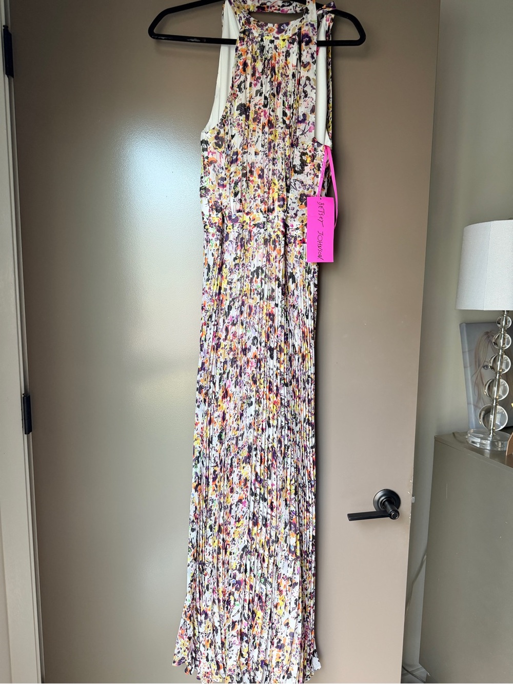 Betsey Johnson Floral Pleated Maxi Dress in White with Multi-Color Print
